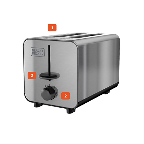 2-slice toaster with numbered callouts.